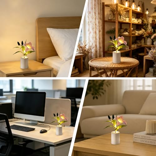 Image of Artificial Pink Lily Lamp, Home Cafe Decor Light Birthday Gifts for Women