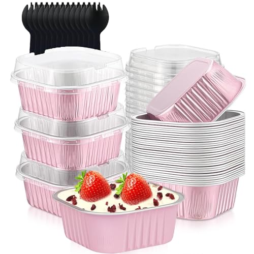 Mini Taza Papel Aluminio Con Tapa, 50 Piezas 150ML Moldes para Cupcakes de Papel de Aluminio, Mini Moldes Para Pan, Con 50 Cucharas, para Postres, Pasteles, Panes(Rosa)