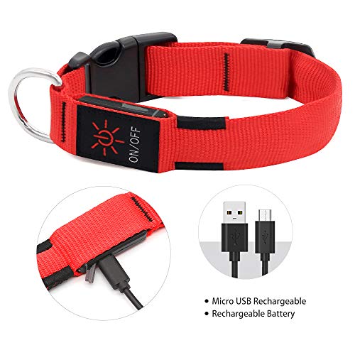 Illumifun Led Dog Collar, Usb Rechargeable Lighted Dog Collar, Nylon Webbing Glowing Safety Dog Collar Make Your Dogs Safe& Seen Walking At Night(Red, Large) #TOP3