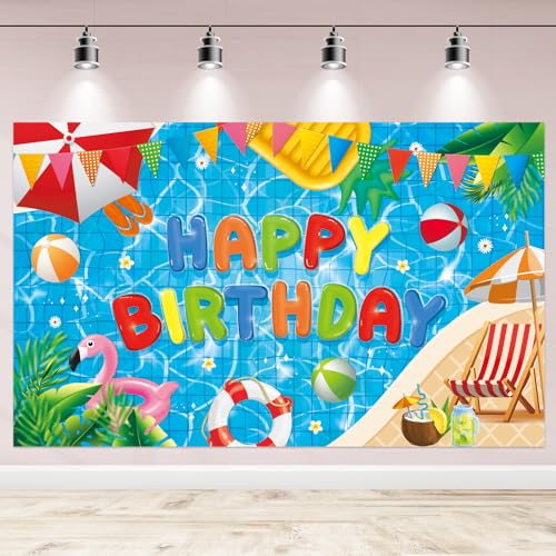 NUTTYBASH Pool Party Birthday Decorations, Happy Birthday Pool Party Banner Backdrop Decorations, Summer Birthday Party Decorations Swimming Pool Party Decorations for Hawaiian Flamingo Party