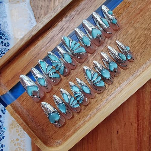 3D Handmade Press on Nails Long Almond Handcrafted Nail Art with Designed Butterfly Press Ons for Women and Girls /20 Piece Set