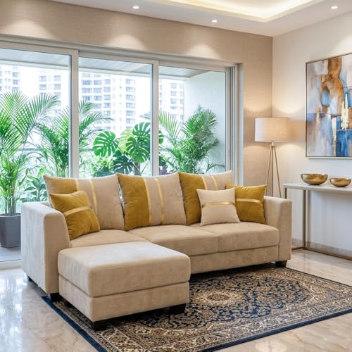 Image of Vero 4 Seater L Shape Sofa Set with Movable Ottoman | Flexible Left or Right Layout | Luxury Velvet Suede Fabric | Modern Living Room Sofa | Cream