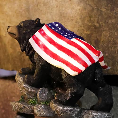 Suyorpe Bear Solar Lights Outdoor Statue - Garden Black Bear with Light up American Flag Solar Animals Outdoor Waterproof Decor for Patio,Porch,Balcony,Yard,Lawn