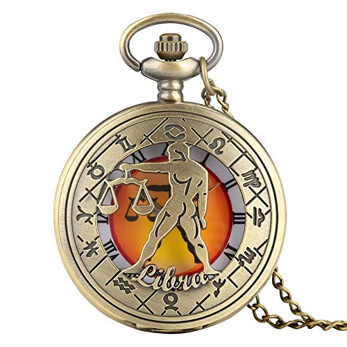 WOAIXI Montre De Poche Vintage,Rétro Zodiac Pattern Pocket Watch Modern Necklace Chain Copper Twelve Constellation Libra Pendentif Birthday Clock for Men Women Cadeaux