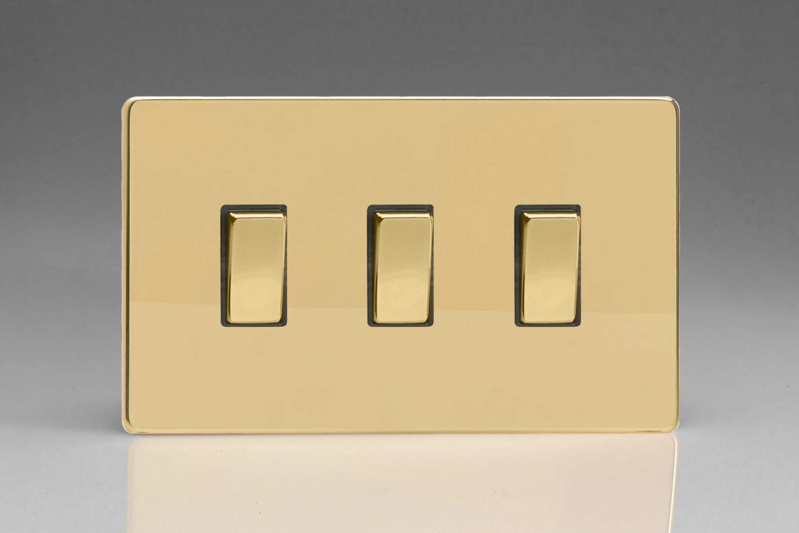 Varilight 3-Gang 10A 1- or 2-Way Rocker Light Switch (Twin Plate) Polished Brass XDV93S