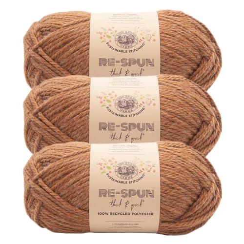 Image of Lion Brand Yarn, Re-Spun Thick & Quick Yarn, Cider, Brown, 3 Pack