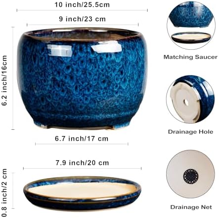 SQOWL 10 Inch Plant Pot - Ceramic Planter Pot with Drainage Hole and Saucer, Decorative Plant Pot for Indoor Outdoor Plants, Round Large Planter Flower Pot, Blue - 2