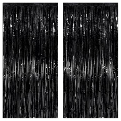 Image of KatchOn XtraLarge Black Fringe Backdrop - Pack of 2 | Black Streamers for Black Halloween Decorations | Tinsel Backdrop for Anniversary, Birthday, Bachelorette | Death to My 20s Decorations