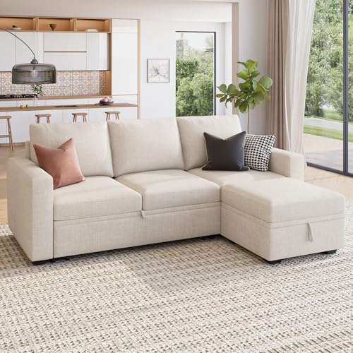 Image of HONBAY Modular Sectional Sleeper Sofa with Pull Out Bed, L Shaped Couch with Storage Seat, Modular Sectional Couches for Living Room - Beige