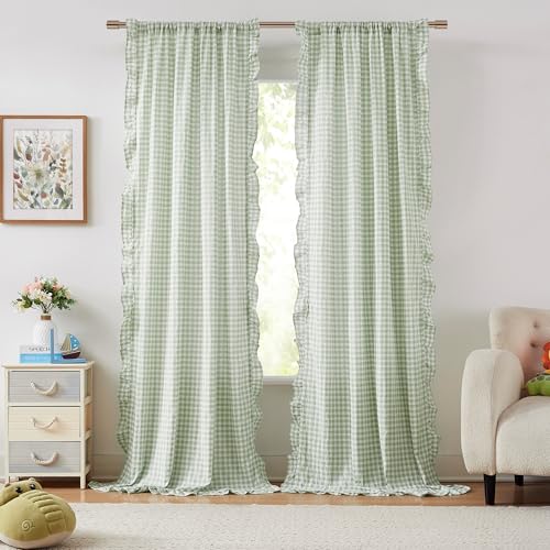 ZJDECOR Sage Green Buffalo Plaid Ruffled Window Curtains 84 Inches Length