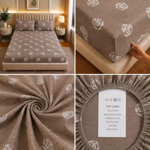Image of Castiqa Elastic Fitted Supersoft Premium Polycotton 200TC King Size Bedsheets with 2 Pillow Covers | No Slip Bedsheet | (Brown Petals, King (72x78 Upto 10 inch Mattress))
