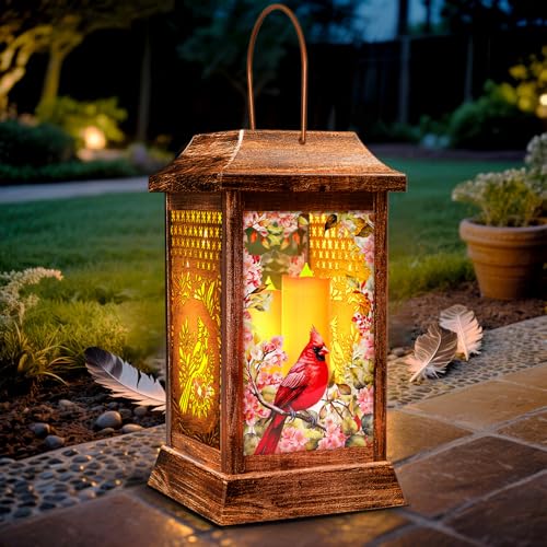 Cardinal Solar Lanterns Outdoor Hanging Lanterns Metal Glass Garden Decor Solar Lights Gifts for Women Mom Birthday Grandma Mothers Day Waterproof Decorative Lantern for Outside Patio Yard