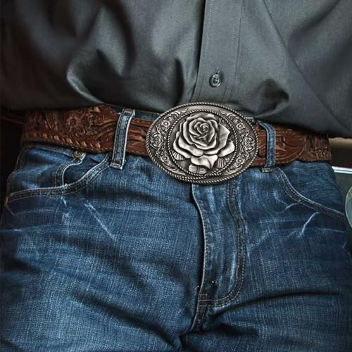 Image of Antique Rose Belt Buckles for Women Men Western Cowboy Cowgirl Floral Belt Buckle Christmas Halloween Gifts