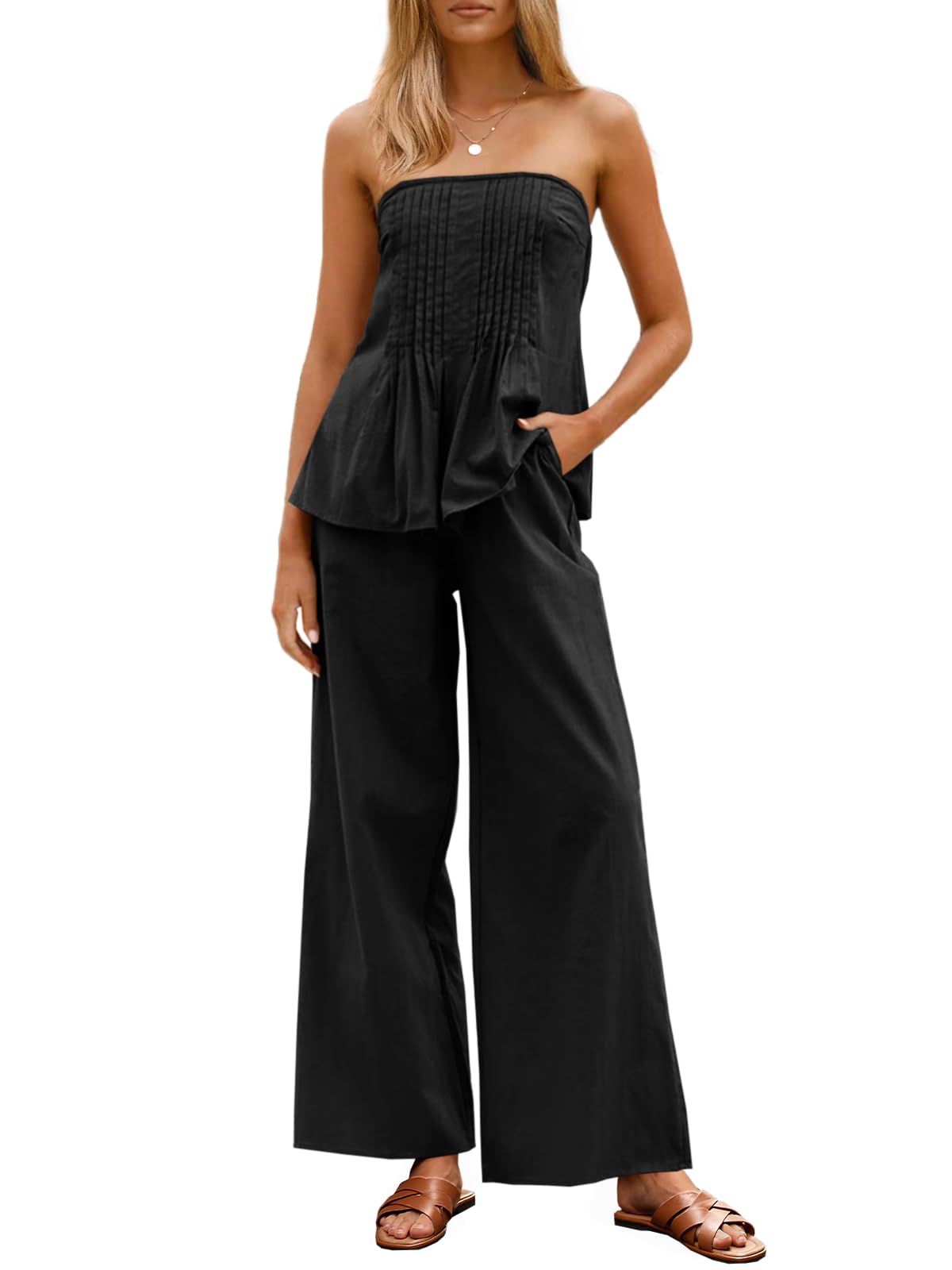 Photo 1 of ***PARTIAL SET*** Tankaneo Womens 2 Piece Outfits Summer Strapless Tube Tops Wide Leg Pants Vacation Pleated Matching Lounge Set