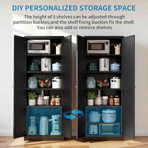 Image of 72 inch H Black Steel Pantry Storage Cabinet with 5 Adjustable Shelves, 6-Tier Tall Metal Cabinets for Kitchen, Living Room, Garage, Heavy Duty Freestanding Utility Cabinet, Assembly Require