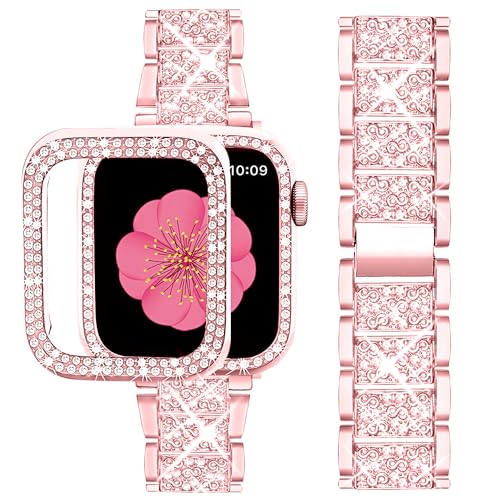 Image of SUPOIX for Apple Watch Band 45mm + Case, Bling Bands for Women (Rose Pink) | Shiny Metal Bands & 2 Pack Protective Cover Cases for iWatch Series 9 /8 /7 45mm
