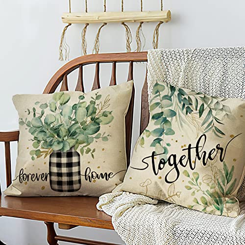 Fahrendom Farmhouse Eucalyptus Leaves Decorative Throw Pillow Cover 18 X 18 Set Of 4, Buffalo Plaid Home Sweet Home Wreath Mason Jar Porch Outdoor Pillowcase, Spring Summer Couch Cushion Case Decor #TOP4