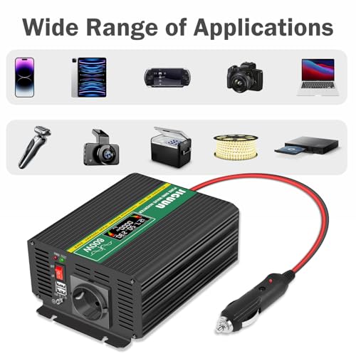 Miniatura 6 de Jiguun 600w Inversor 12v 24v 220v Onda Pura Convertidor Inverter Con Toma Eu Y 2 Salidas Usb 2.4a Mando A Distancia Inalámbrico Y Pantalla Lcd Potencia Máxima 1200w Para Rv, Viajes, Emergencias