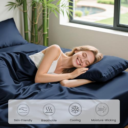 Image of Love's cabin 3 Piece Twin Sheet Set, 100% Rayon Derived from Bamboo, Cooling & Breathable, Soft Silky Deep Pocket up to 16 inch, Hotel Luxury Bedding for Hot Sleepers, Navy