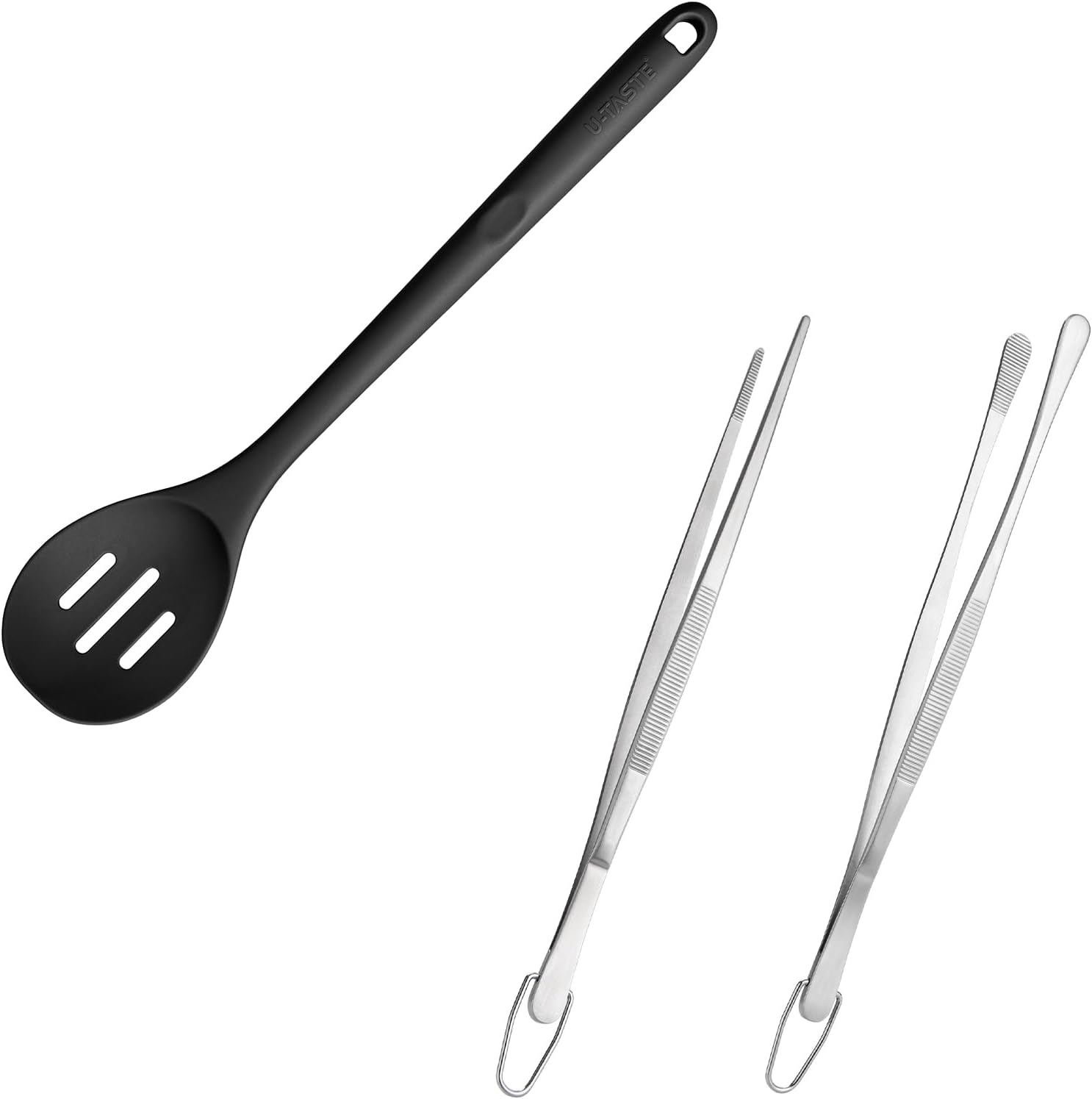 600ºF Heat Resistant Slotted Spoon: U-Taste 13.3in Slotted Kitchen Cooking Spoon (Black) and 12" Kitchen Cooking Tweezer Set: 18/8 Stainless Steel Food-Grade Metal Food Tong (Round & Pointed Tip)