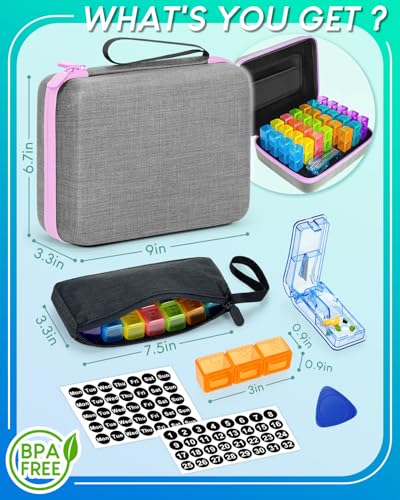 Image of Monthly Pill Organizer 3 Times a Day with Weekly Pill Bags, Portable Hard Shell Case, Pill Cutter & Opener Pick, Monthly and Weekly Stickers for Medication Management (Purple, 3 Times a Day)
