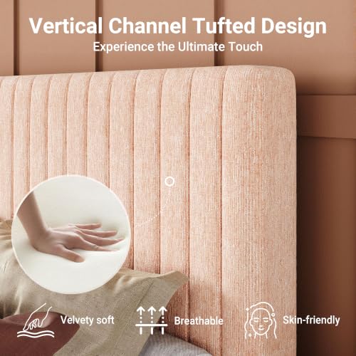 Image of Allewie Full Bed Frame, Upholstered Platform Bed with Adjustable Vertical Channel Tufted Headboard, Mattress Foundation with Strong Wooden Slats, Box Spring Optional, Easy Assembly, Chenille Pink