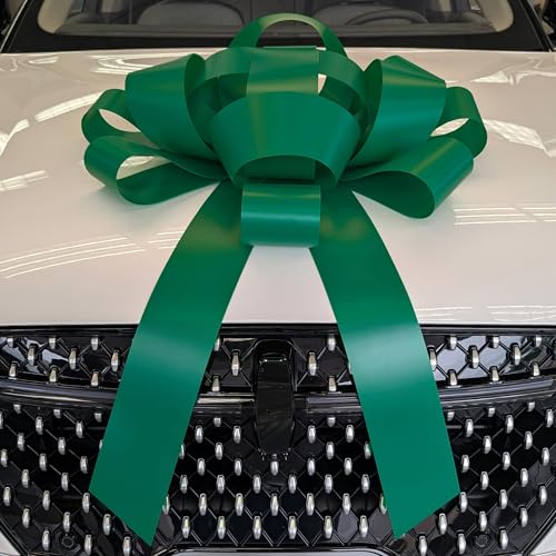 Image of CarBowz Big Car Bow for Car Decorations and Birthday Car Gifts, Large Bow Ribbon, Magnet, Car Safe Sticker Included, Fully Assembled 30 inch Wide Huge Bow, No Suction Cup Needed (Green)