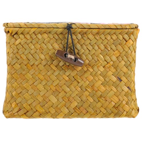 Ipetboom Cesta de Paja Tejida con Tapa Organizador Multiusos para Cosméticos y Objetos Almacenamiento Artesanal para Hogar y Picnic Pequeña y Decorativa
