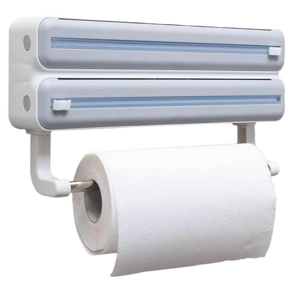 Aundhegrtt Wall Mount Wrap Dispenser with Cutter-Aluminum Foil Cling Film Organizer, Paper Towel Holder Included White