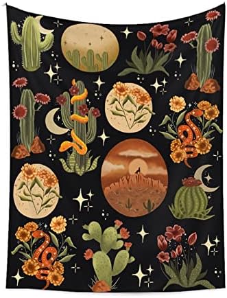 MIROTENGONE Cactus and flowers Vertical Tapestry, Moon and Stars prints Wall Hanging, Black WildPlant Aesthetics Wall Tapestry for Bedroom Dorm Living Room (Cactus, 51"" X 59")