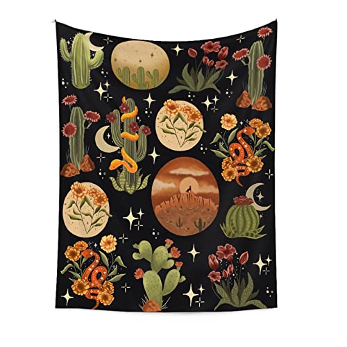 Mirotengone Cactus And Flowers Vertical Tapestry, Moon And Stars Prints Wall Hanging, Black Wildplant Aesthetics Wall Tapestry For Bedroom Dorm Living Room (Cactus, 51"" X 59") #TOP2