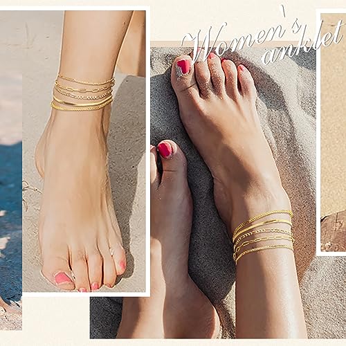Gmsol Gold Layered Ankle Bracelets For Women Dainty 14K Gold Plated Layering Anklets Set Adjustable Chain Ankles Summer Beach Foot Jewelry Gifts #TOP4