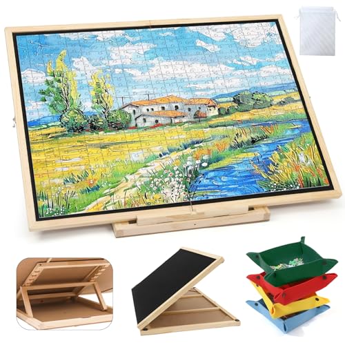 Foldable Puzzle Board, 2-in-1 Tilting & Rotating Wooden Jigsaw Puzzle Table 1500 Pieces with 4 Non-woven Drawers, 36'×26' Portable Puzzle Board with Upgraded Lazy Susan for Adults & Kids, Gift for Mum