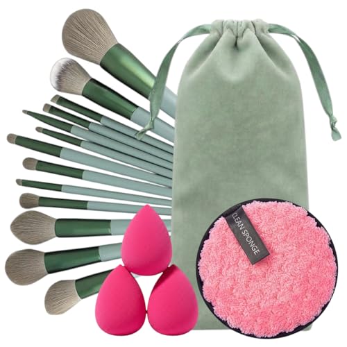 Image of 17Pc Makeup Kit Set - Premium 13-Piece Makeup Brush Set with 3 Makeup sponges & 1 Color-Removal Sponge - Soft Synthetic Bristles, Rose Gold & Cream Design with Velvet Travel Pouch - Complete Professional Beauty Tools (Clean sponge and makeup puffs , color may vary or multicolour) (Green)