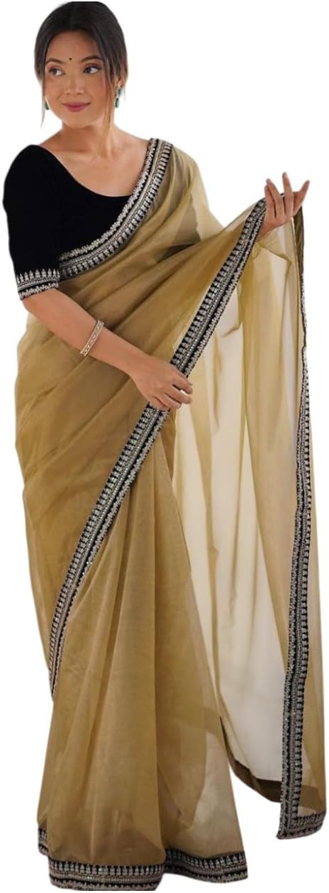 Indian Wedding Organza Saree with Embroidered Border, Elegant Party Festive Wear,