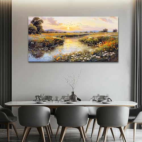 PHAOHUAXM Large Canvas Wall Art For Bedroom Wall Decorations For Living Room Office Decor Rivulet View Painting Farmhouse Field Scenery Watercolour Pictures Home Decoration Ready To Hang 24x48 In