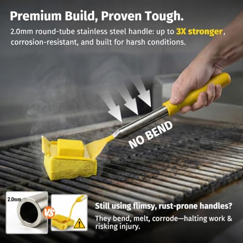 Image of East Oak Bristle-Free Grill Brush with Heat-Resistant Cleaning Pad, 17 inch Long Handle Stainless Steel BBQ Grill Cleaner, Steam Cleaning Scrubber for Round, V-Shaped and Angled Grill Grates