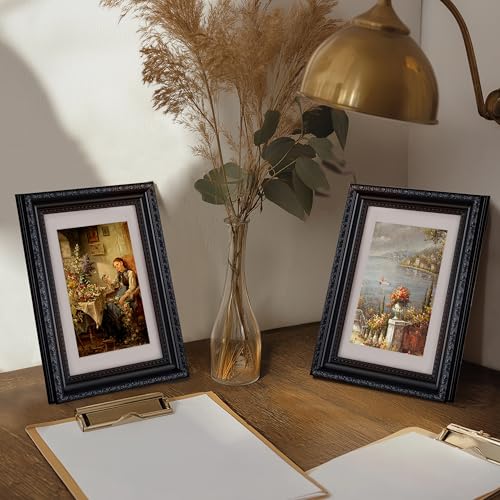 Image of eletecpro 4x6 Vintage Picture Frame, Glass Cover, Black, 2-Pack | Display Photo 3.5x5 with Mat or 4x6 without, Horizontal or Vertical, Tabletop or Wall Decor