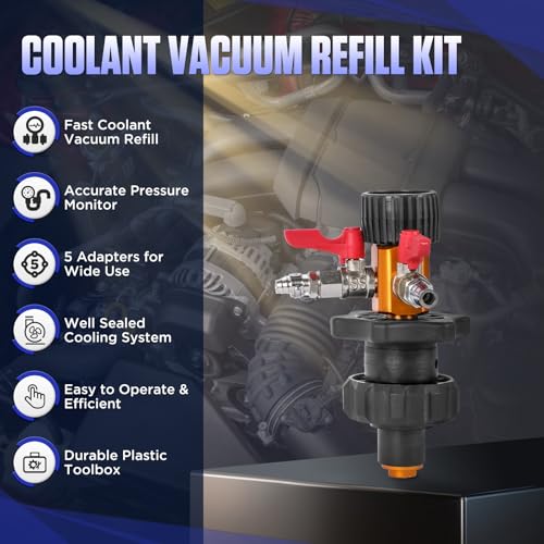 MR CARTOOL Coolant System Refill Kit, Automotive Vacuum Fill Coolant Tool Set with Pressure Gauge, 5 Adapters and Air Connectors, Antifreeze Change Tool for Testing Radiator and Heating Core Pipes - Thumbnail 2