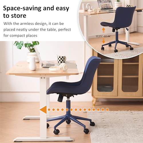 Image of YOUNIKE Office Desk Chair with Wheels Armless Vanity Chair Modern Navy Blue | Faux Leather Upholstered with Rocking Back, Swivel Height Adjustable, Small Cute Computer Rolling Task Chair Ergonomic