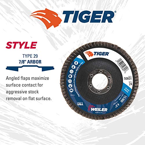 Image of Weiler 50601 4-1 /2 inch Tiger Disc Abrasive Flap Disc, Conical (TY29), Phenolic Backing, 24Z, 7 /8 inch Arbor Hole (Pack of 10)