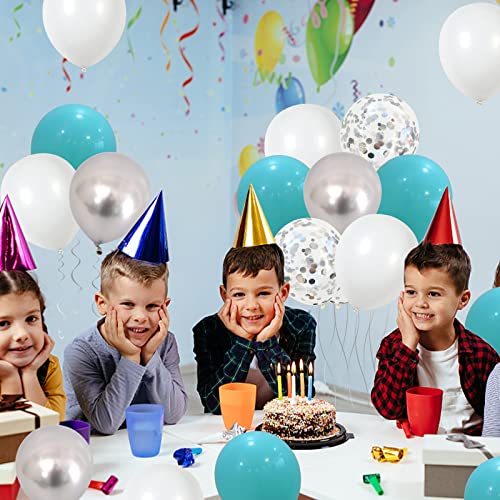 Image of Balloons Teal Blue White Silver 12inch Mettalic Chrome Silver Confetti Balloon Turquoise Blue Latex Balloons for Wedding Bridal Baby Shower Birthday Graduation Party Decorations
