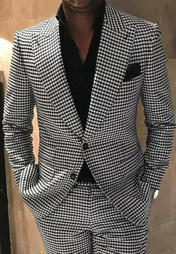 Houndstooth Blazer Men Dogstooth Plaid Suit Slim Fit Wedding Prom Party Tuxedo Groom Casual Jacket Pant 2 Piece2