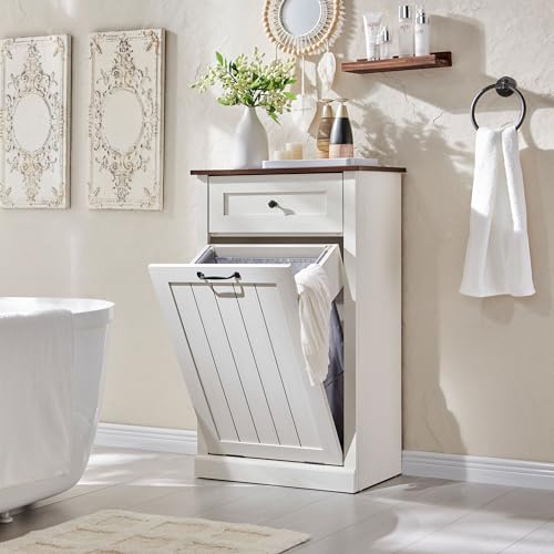 Image of IFGET Tilt Out Trash Can Cabinet, Trash Cabinet w /Drawer, Antique White
