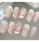 24Pcs French Tip Press on Nails Medium Square Nails Star Fake Nails with Diamond Designs Spring B...