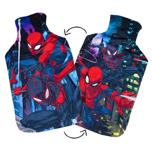Disney Reversible Hot Water Bottles – Spiderman Plush Cover – Natural Rubber 2L Capacity - Spiderman Red and Navy Suit Design - Reversible