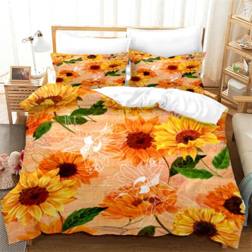 Housse de couette 90x190 orange tournesol et taie pour lit enfant 1 place microfibre