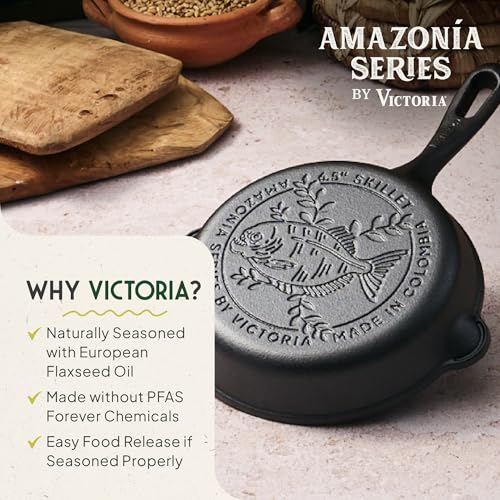 Image of Victoria Cookware 6.5-Inch Amazonia Cast Iron Skillet, Decorative Preseasoned Frying Pan with Cast Design, Made in Colombia, Pirana
