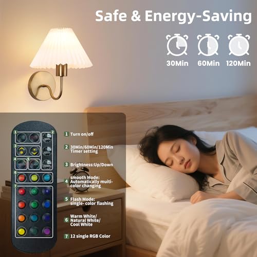 Image of Rechargeable Battery Operated Wall Sconces Set of 2 Brushed Brass Wall Lights with Remote Dimmable Pleated Shades Wall Lamp 15 Colors Wireless Bathroom Vanity Light for Bedroom Living Room Hallway