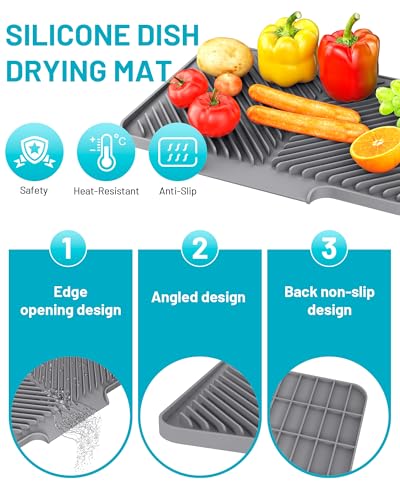 Dish Drying Mat Kitchen Counter - Silicone Dish Drying Pad with Built-in Drain for Sink, Refrigerator and Drawer Liner, Easy Clean, Non-Slip, Heat Resistant, 14.8\" x 10.7\" - Thumbnail 2